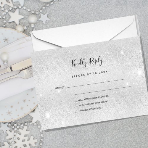 Silver metal glitter elegant wedding RSVP Note Card