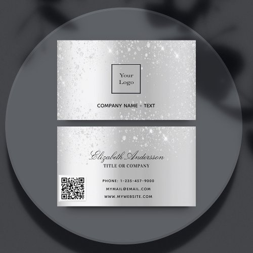 Silver metal glitter logo elegant QR code  Business Card
