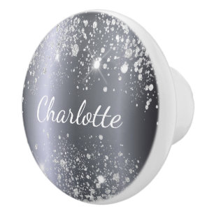 Silver metal glitter name glam girly ceramic knob