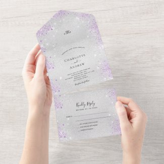 lavender purple and silver glitter all in one wedding invitation