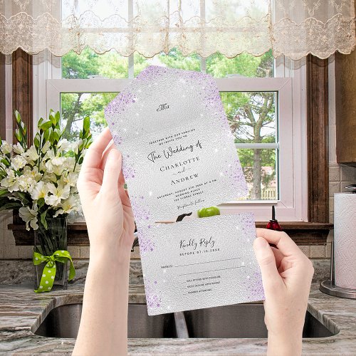 Silver metal glitter purple dust elegant wedding all in one invitation
