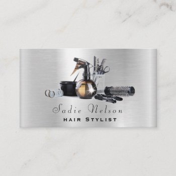Silver Metal Hair Stylist Salon Tools Beauty Business Card by tyraobryant at Zazzle
