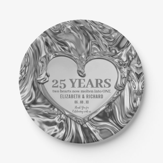 Silver Metal Heart Wedding Anniversary Paper Plates (Front)
