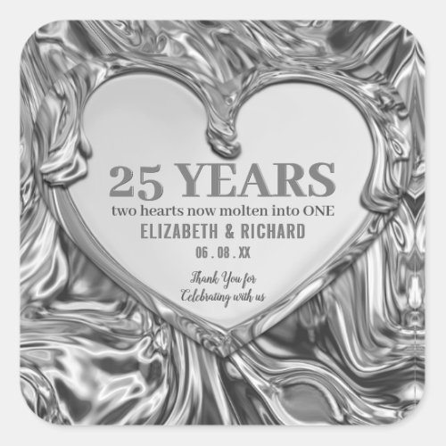 Silver Metal Heart Wedding Anniversary Square Sticker