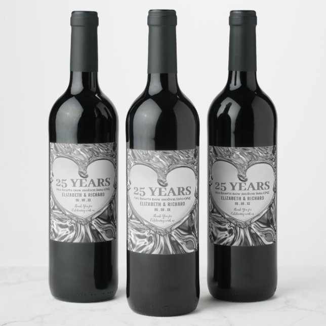 Silver Metal Heart Wedding Anniversary Wine Label (Bottles)