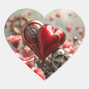 Silver Metal Hearts and Gears Steampunk Heart Sticker