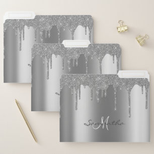 Silver Metal Look Glitter Drips Monogram File Folder