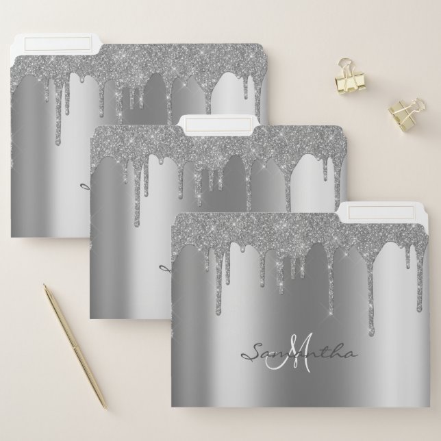 Silver Metal Look Glitter Drips Monogram File Folder (Set)