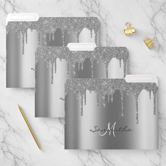 Silver Metal Look Glitter Drips Monogram File Folder | Zazzle