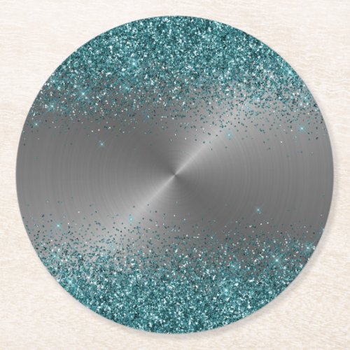 Silver Metal Look Glitter Teal Circular Metallic Round Paper Coaster