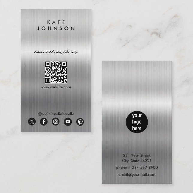 Silver Metal Modern Social Media Connect With Us Business Card (Front/Back)