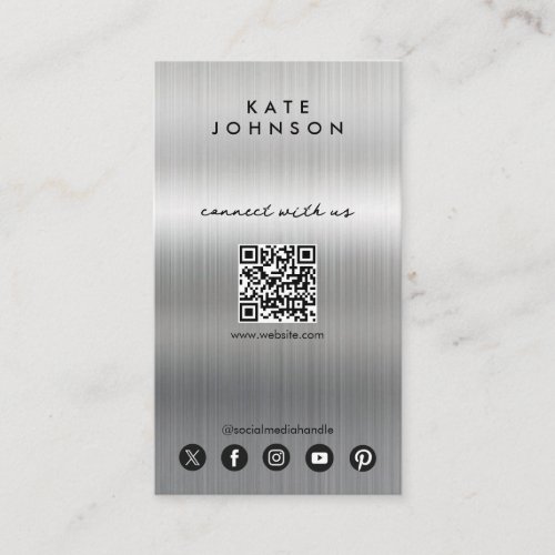 Silver Metal Modern Social Media Connect With Us Business Card