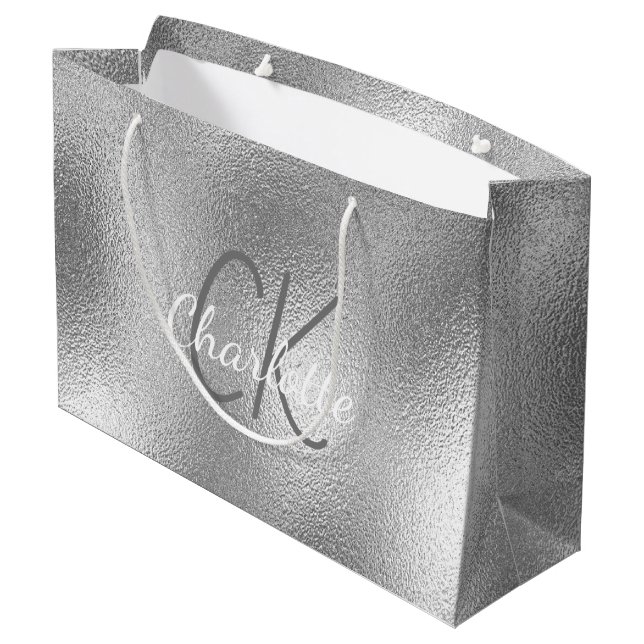 Silver metal monogram name modern elegant large gift bag (Back Angled)