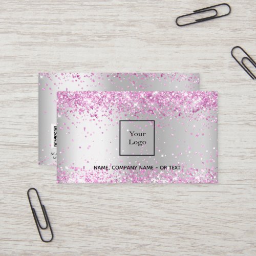 Silver metal pink glitter dust QR code Business Card