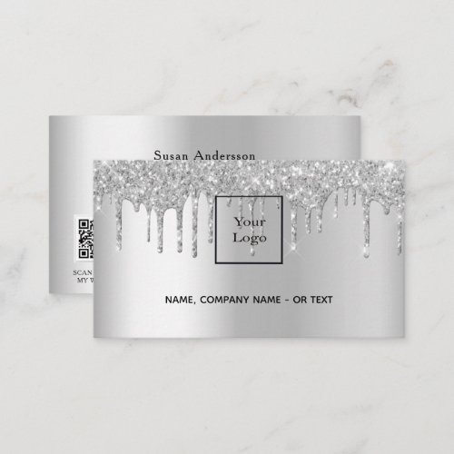 Silver metal QR code glitter drips female Business Card
