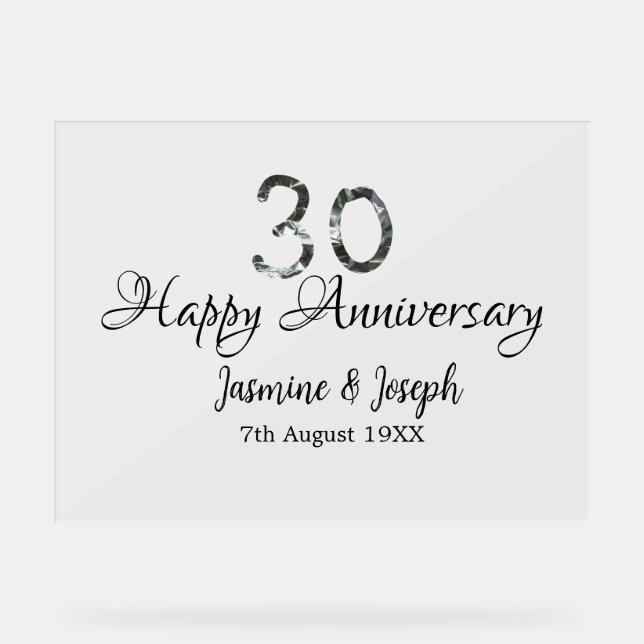 Silver Metallic 30th Happy anniversary add name Acrylic Sign (Front)