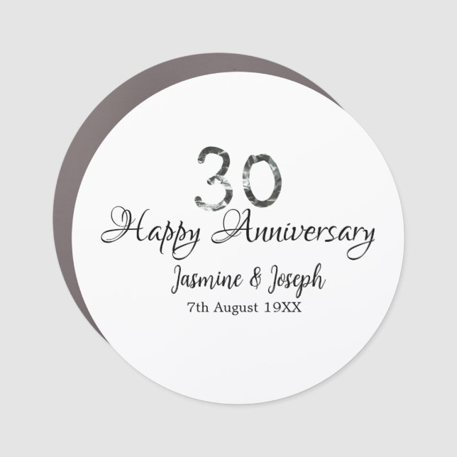 Silver Metallic 30th Happy anniversary add name Car Magnet (Front)