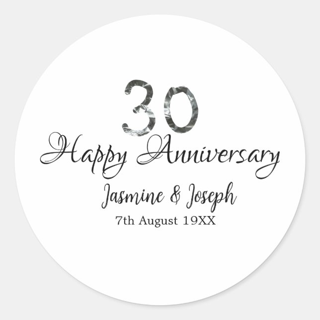 Silver Metallic 30th Happy anniversary add name Classic Round Sticker (Front)