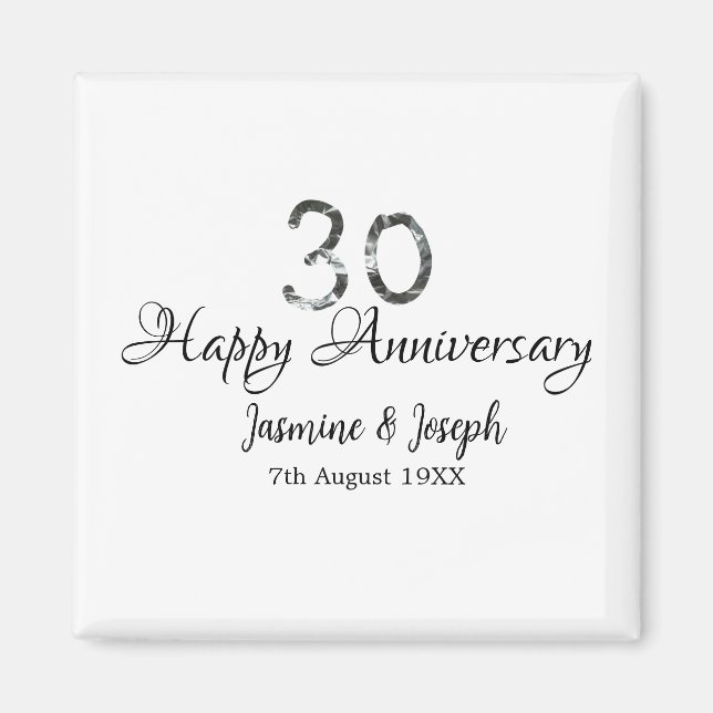 Silver Metallic 30th Happy anniversary add name Magnet (Front)