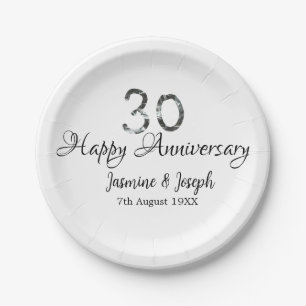 Silver Metallic 30th Happy anniversary add name Paper Plates