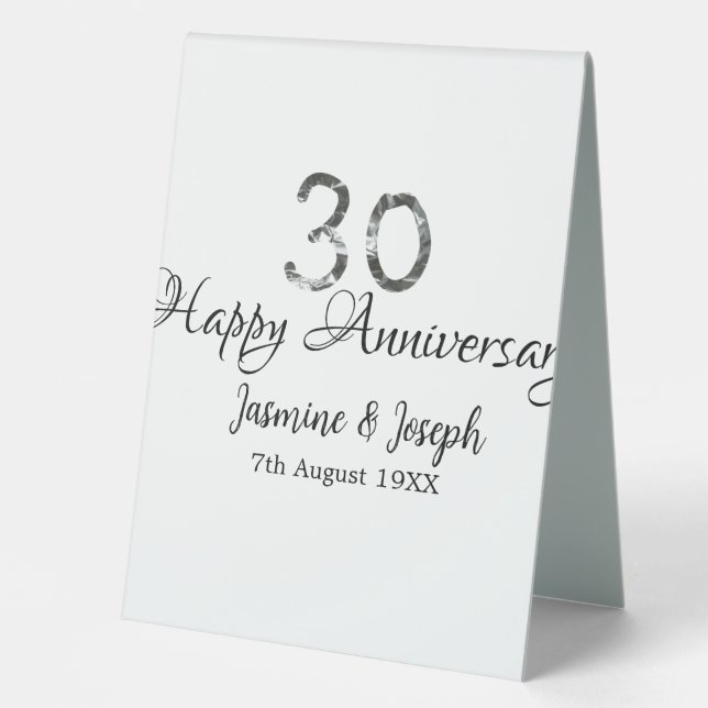 Silver Metallic 30th Happy anniversary add name Table Tent (Front)