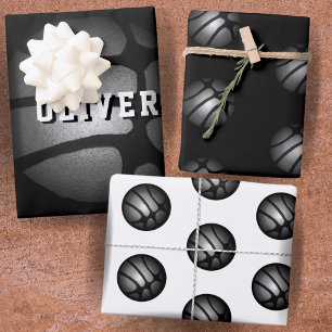 Silver Metallic Basketball Ball Kids Name Birthday Wrapping Paper Sheets
