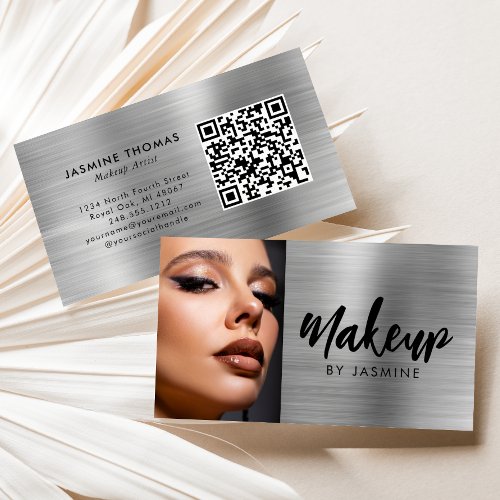 Silver Metallic Black Script QR Code Photo Makeup Business Card