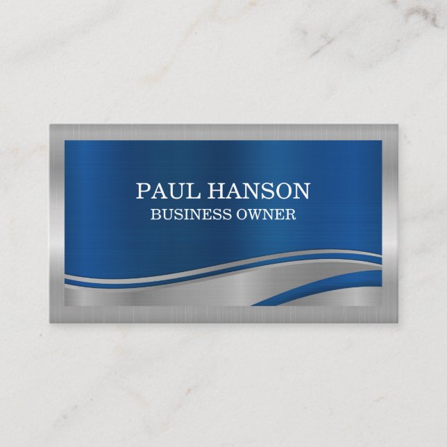 Silver Metallic Blue Metal Wave Brushed Business Card (Front)