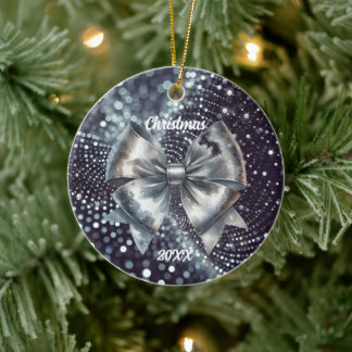 Silver Metallic Bow Luminous Year Accent Ceramic Ornament