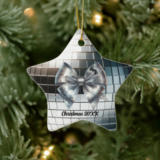 Silver Metallic Bow Mirrored Year Accent Ceramic Ornament