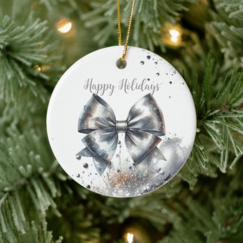 Silver Metallic Bow Radiant Year Accent Ceramic Ornament