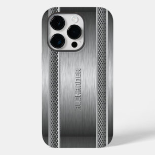 Silver Metallic Brushed Aluminum Geometric Accent iPhone 14 Pro Case