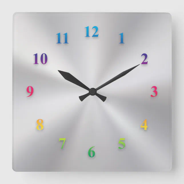 Silver Metallic Clock with Colored Numbers | Zazzle