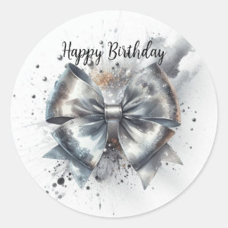 Silver Metallic Coquette Bow Birthday Classic Round Sticker