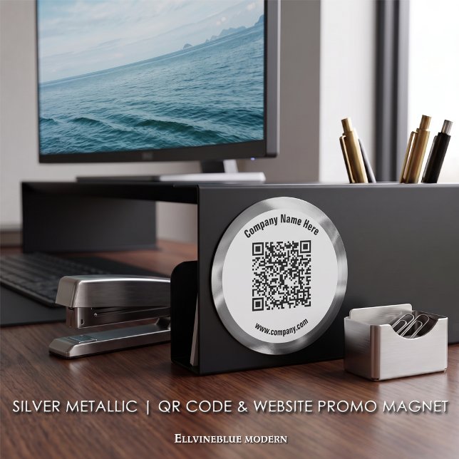 Silver Metallic Custom QR Code & Website Promo  Magnet (Silver Metallic Magnet | A polished layout created to showcase your QR Code, Name, & Website.)