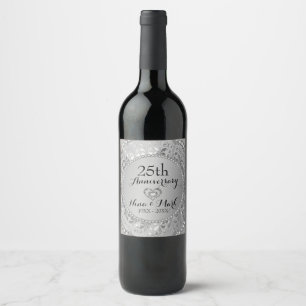 Silver Metallic Damask - 25th Anniversary Wine Label