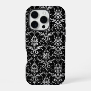 Silver Metallic Damask on Black iPhone 16 Pro Case