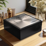 Silver Metallic Dripping Glitter Personalized  Gift Box<br><div class="desc">This elegant silver design, intended for the lid of a luxurious jewelry box, is a perfect blend of sophistication and glamour. The design features a stunning backdrop of silver with a brushed metallic texture, providing a sleek and modern aesthetic. The upper portion of the design is adorned with a cascade...</div>