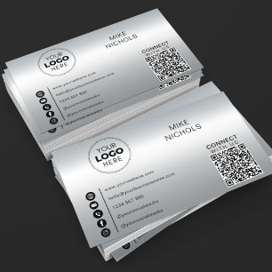 Silver Metallic Effect QR Code Connect With Us Business Card
