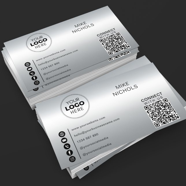 Silver Metallic Effect QR Code Connect With Us  Business Card (Creator Uploaded)