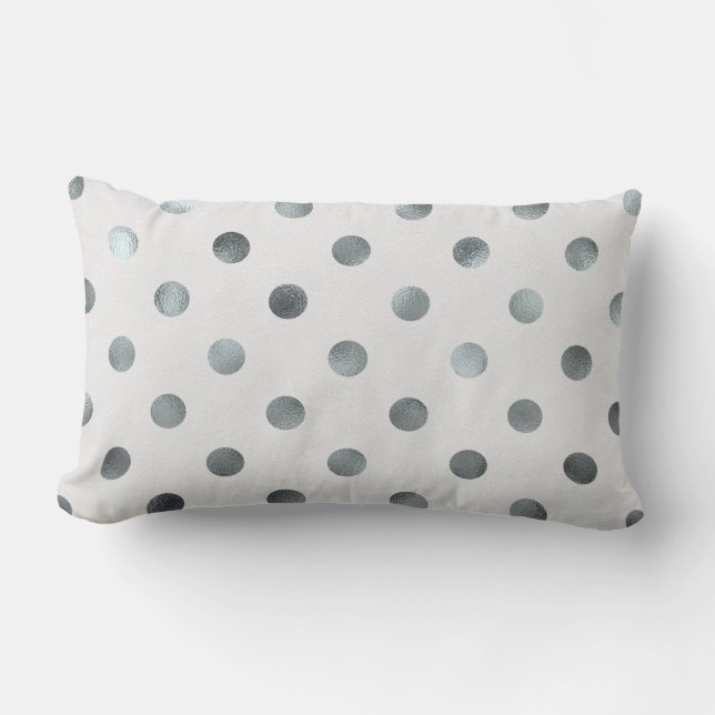Silver Metallic Faux Foil Large Polka Dot Grey Lumbar Pillow (Front)