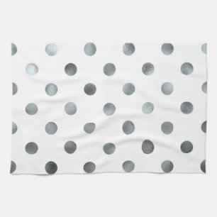 Silver Metallic Faux Foil Polka Dot White Kitchen Towel