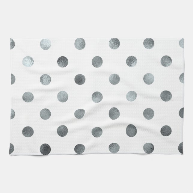 Silver Metallic Faux Foil Polka Dot White Kitchen Towel (Horizontal)