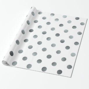 Silver Metallic Faux Foil Small Polka Dot White Wrapping Paper