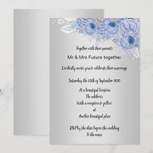 Silver Metallic floral Lilac Bouquet Wedding Invitation (Front/Back)