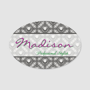 Silver Metallic Flowers and Gemstones Name Tag