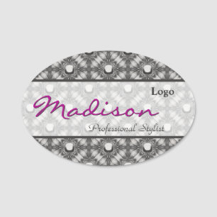 Silver Metallic Flowers and Gemstones Name Tag
