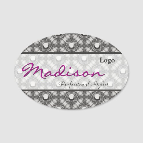 Silver Metallic Flowers and Gemstones  Name Tag