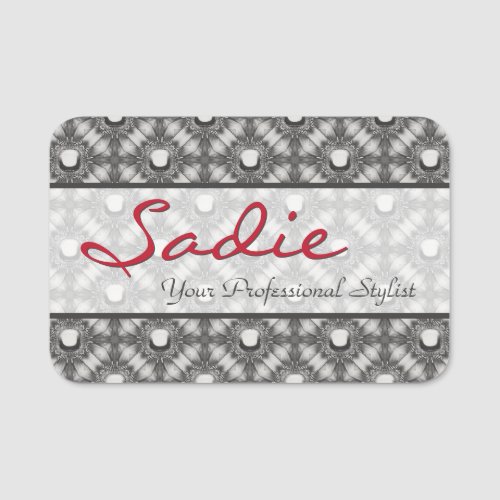 Silver Metallic Flowers and Gemstones  Name Tag