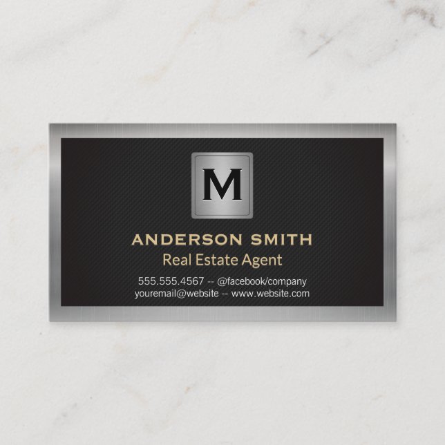 Silver Metallic Frame | Black Texture | Monogram Business Card (Front)